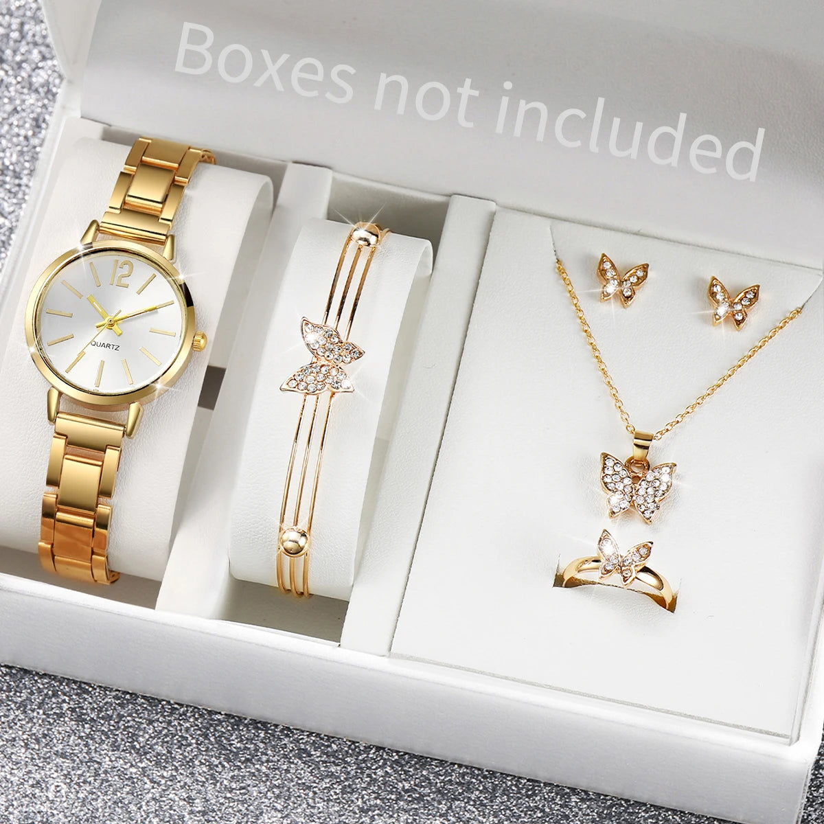 Women's Stainless Steel Quartz Watch & Diamond Jewelry Set – 6PCS Fashion Wristwatch