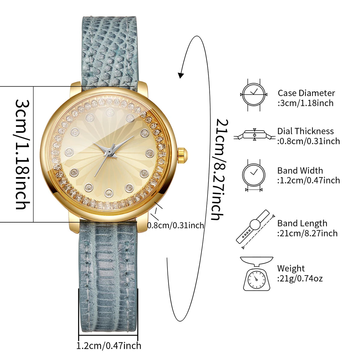 Elegant Women's Rhinestone Quartz Watch – Blue Leather Strap Ladies Wristwatch