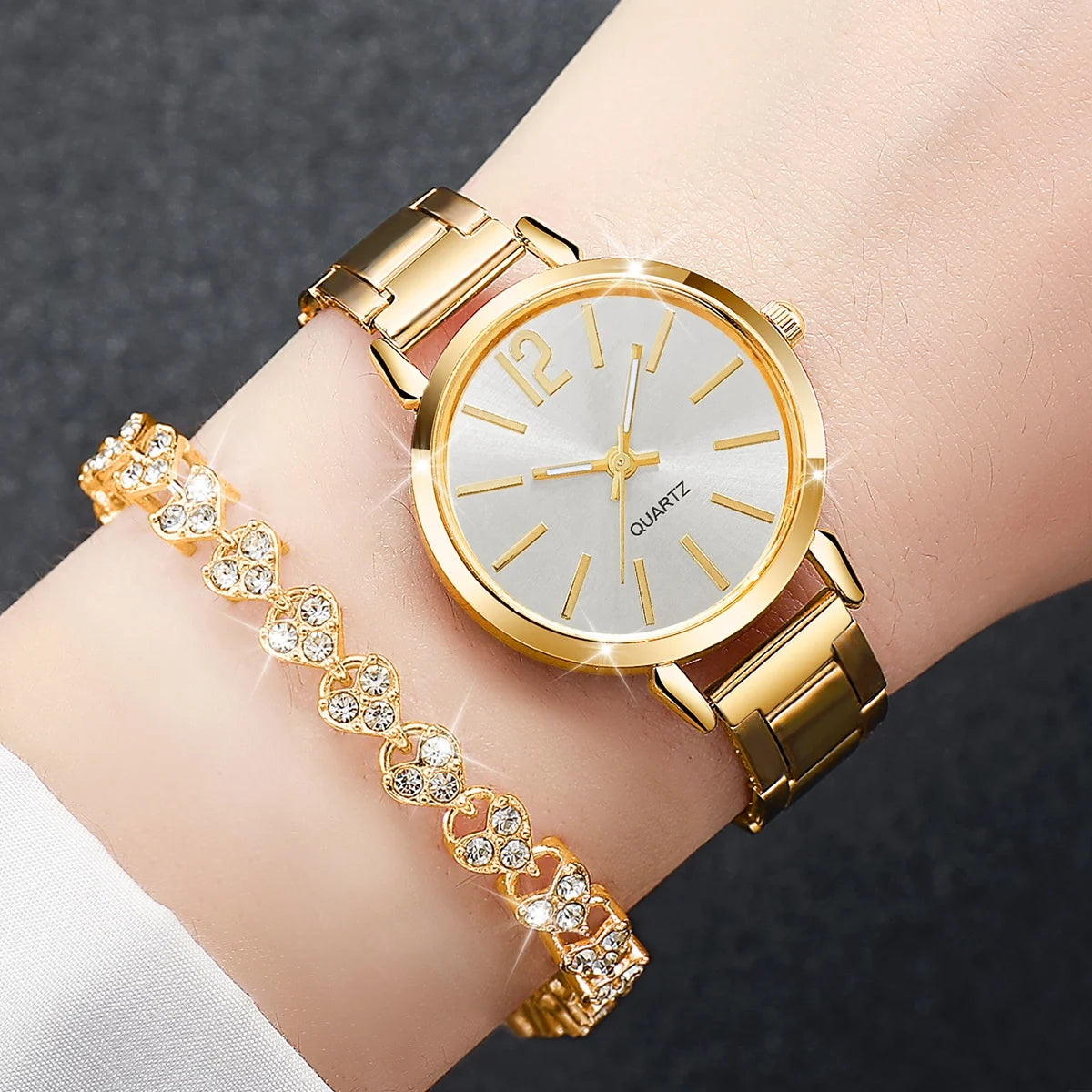 Women's Steel Band Quartz Watch & Diamond Bracelet Set – 6PCS Fashion Wristwatch