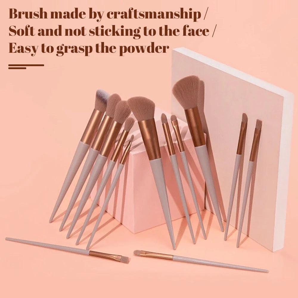 13-piece makeup brush set with soft bristles for eyeshadow, foundation, and blush. Includes a handy carrying bag