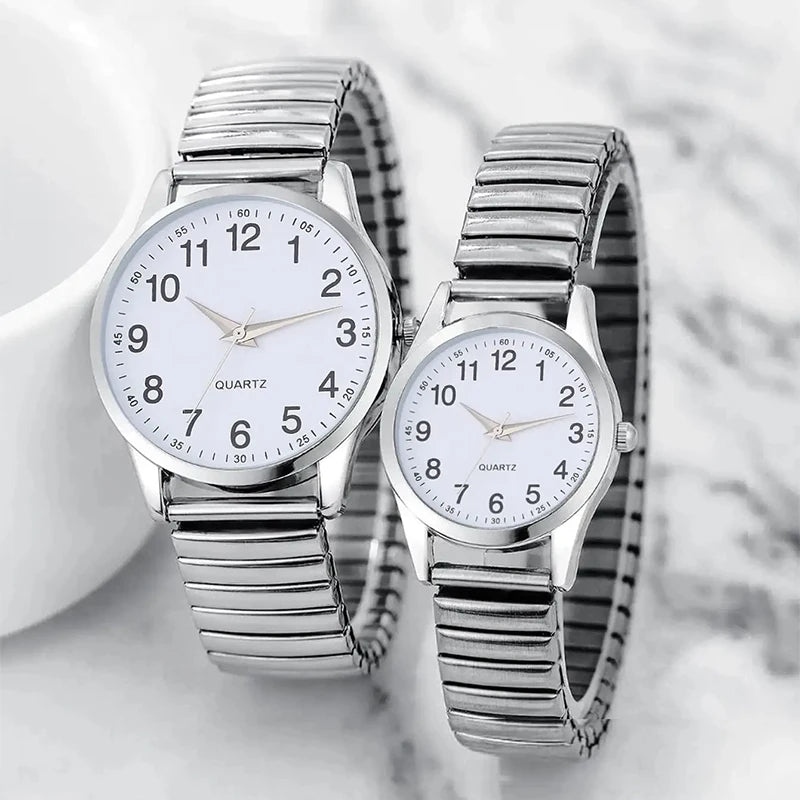 Fashion Couple Quartz Watches Set – Arabic Dial Elastic Band Wristwatches for Men & Women