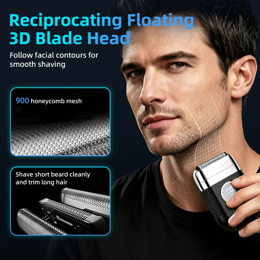 Electric Foil Shaver for Men 3 Floating Blades LED Display IPX7 Waterproof Cordless Portable Mini Razor Wet Dry Use
