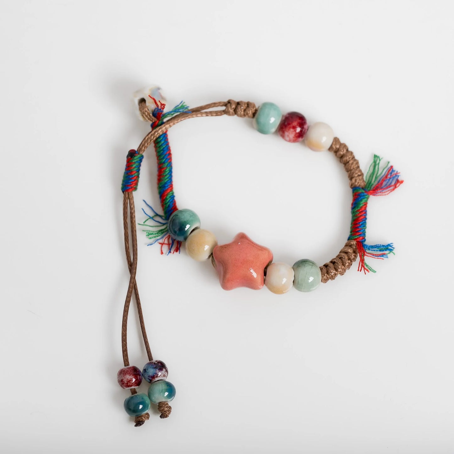 Handmade Ceramic Bead Bracelet – Adjustable Wax Cord Star Charm Multicolor Jewelry