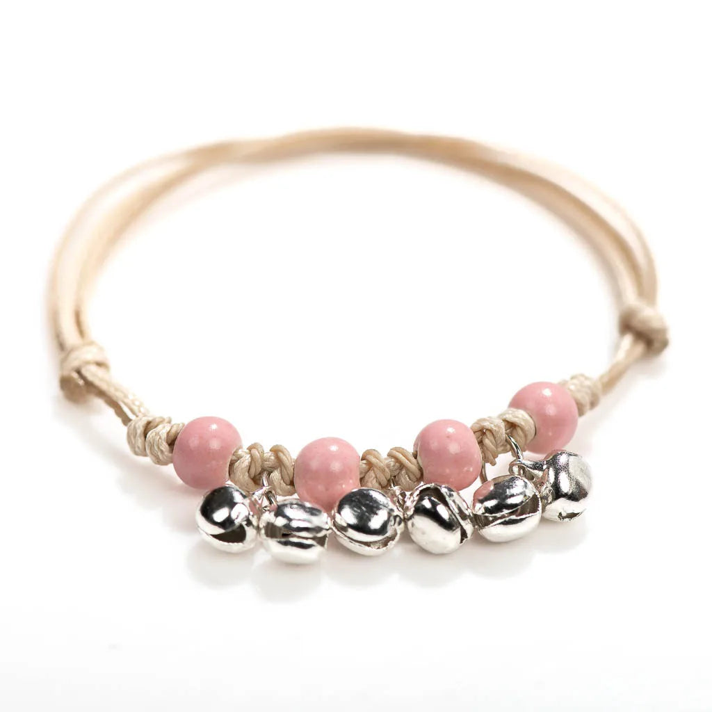 Handmade Ceramic Bead Bracelet with Small Bell – Adjustable Artisan Jewelry Gift