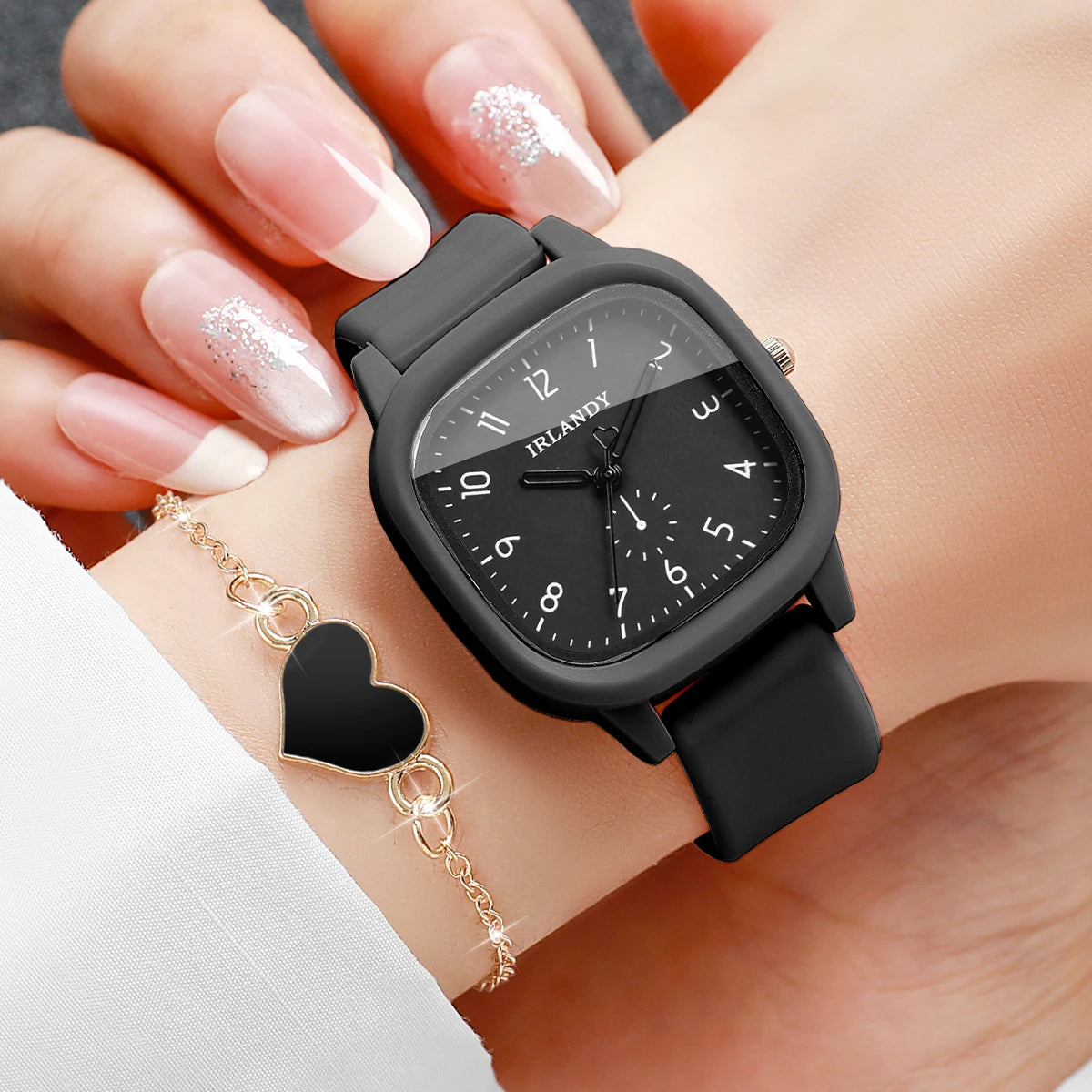 Fashion Arabic Dial Women's Quartz Watch & Heart Bracelet Set – 2PCS Square Silicone Wristwatch
