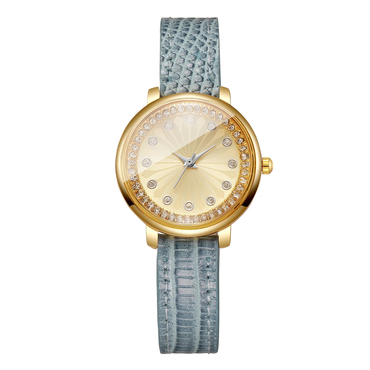 Elegant Women's Rhinestone Quartz Watch – Blue Leather Strap Ladies Wristwatch