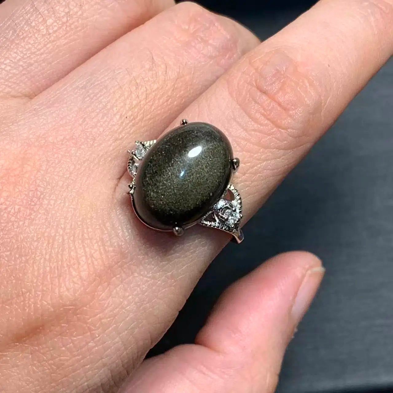 Natural Obsidian Adjustable Ring – Vintage Fine Jewelry for Women