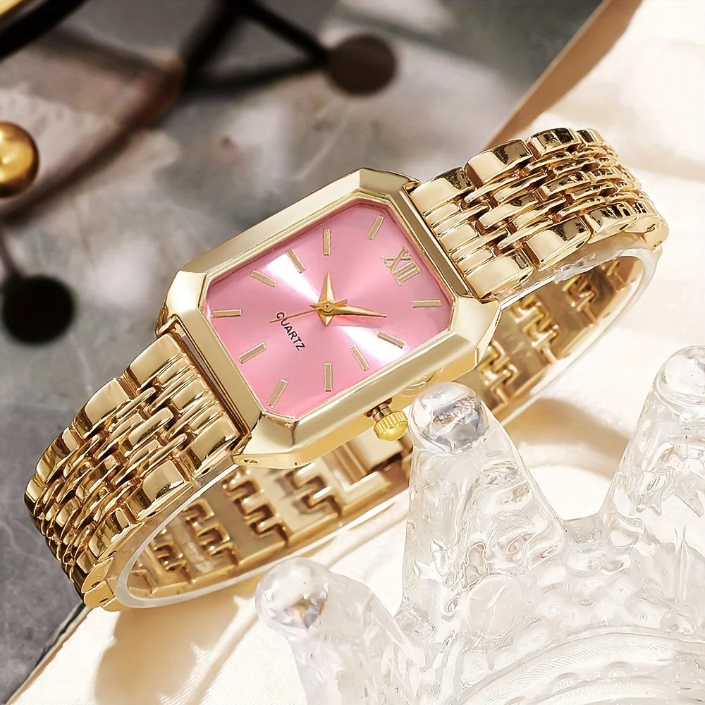 Elegant Rectangle Women's Quartz Watch & Rhinestone Jewelry Set – 6PCS Ladies Wristwatch