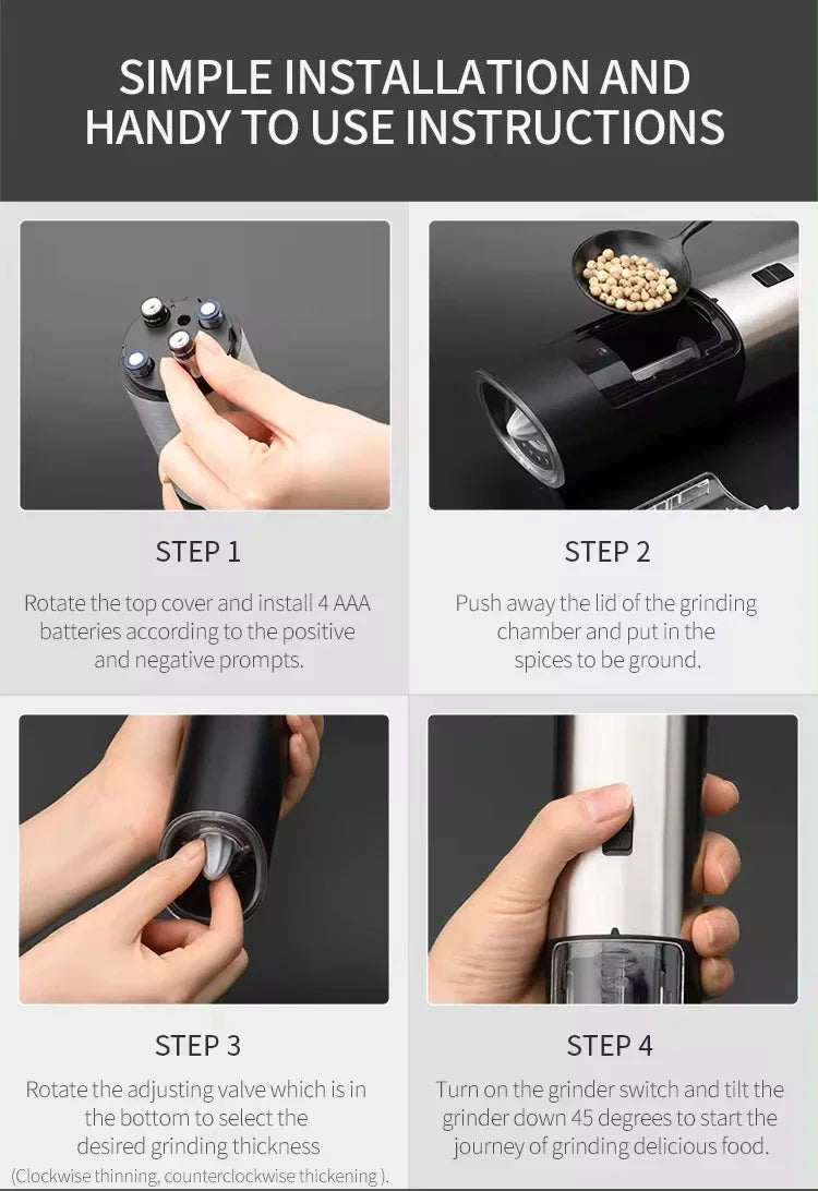 Electric Automatic Salt and Pepper Grinder Set with LED Light Adjustable Coarseness Spice Mill Kitchen Tools for Cooking