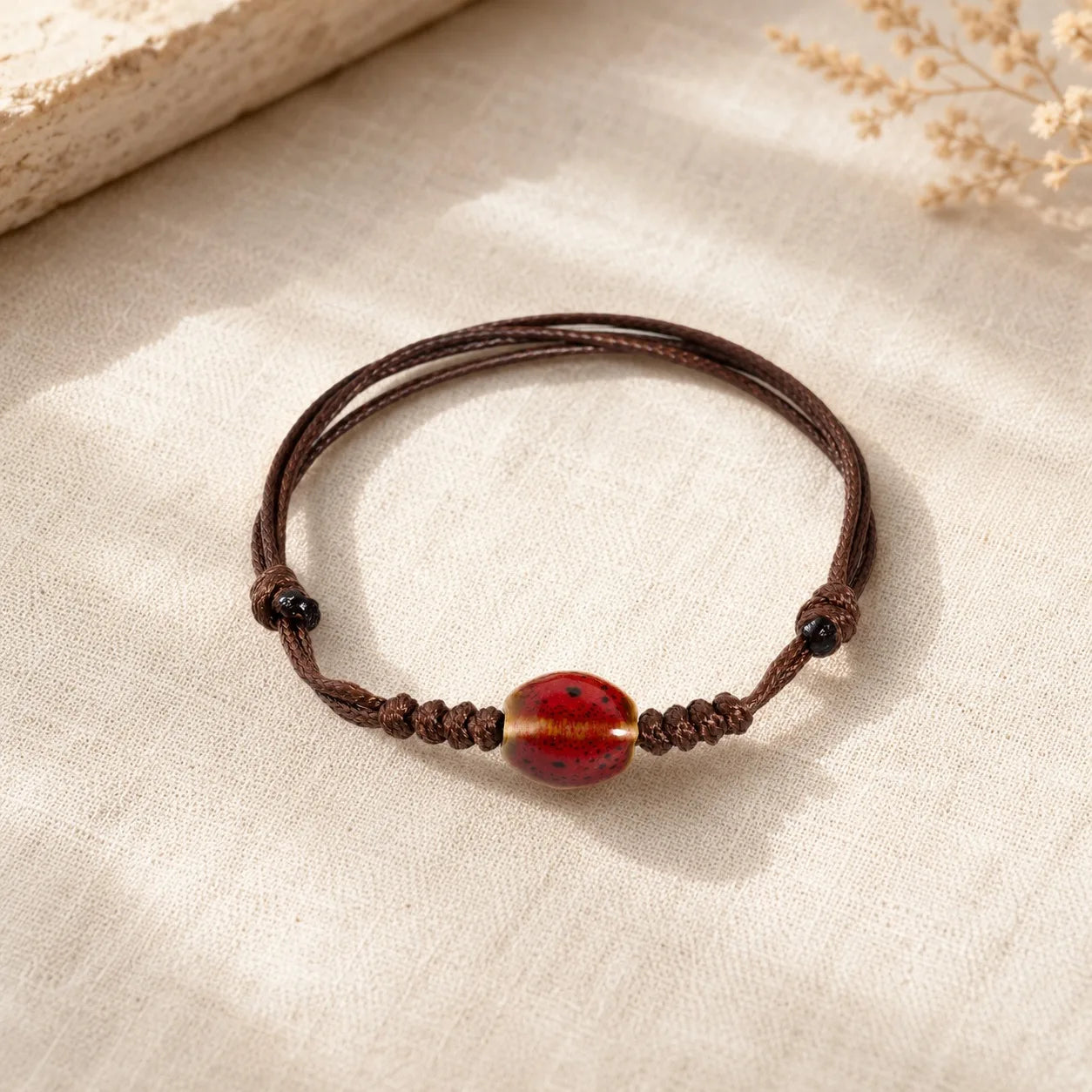 Handmade Floral Glaze Faceted Ceramic Bracelet – Adjustable Wax Cord Jewelry Gift
