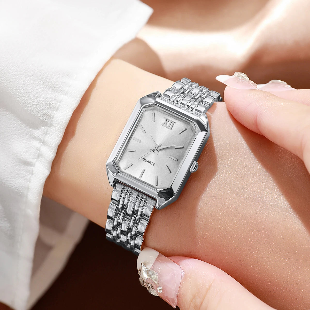 Elegant Rectangle Women's Quartz Watch & Rhinestone Heart Jewelry Set – 6PCS Ladies Wristwatch
