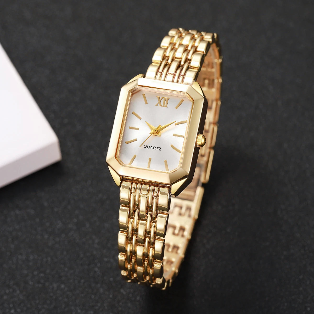 Elegant Rectangle Women's Quartz Watch & Rhinestone Bracelet Bangle Set – 4PCS Ladies Wristwatch