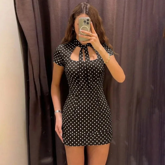 Polka Dot Tie-Up Bodycon Hip Wrap Mini Dress