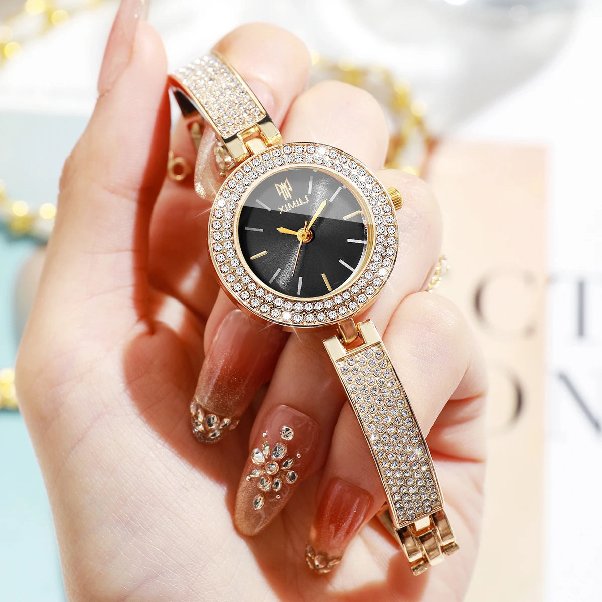 Luxury Rhinestone Bangle Women's Quartz Watch – Full Diamond Bezel Bracelet Wristwatch