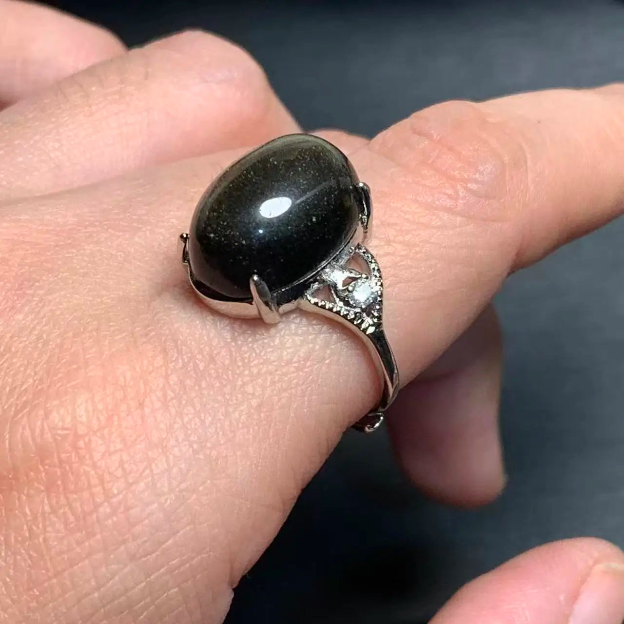 Natural Obsidian Adjustable Ring – Vintage Fine Jewelry for Women