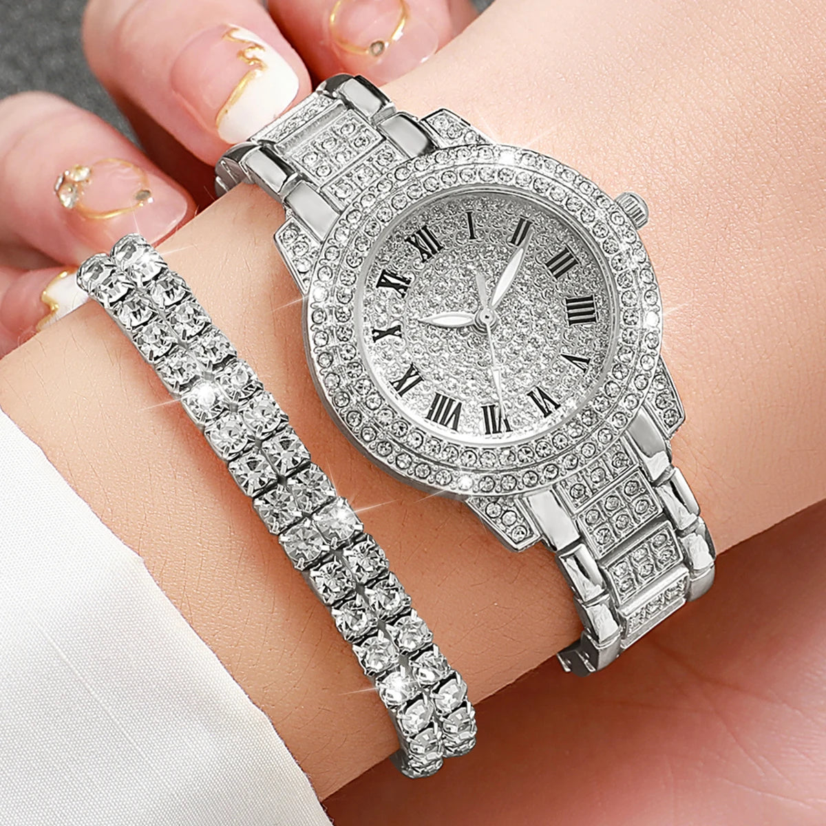 Luxury Full Diamond Women's Quartz Watch & Bracelet Set – 2PCS Gold Steel Band Wristwatch