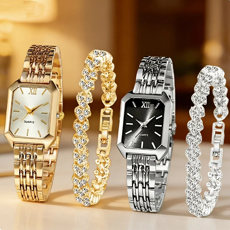Elegant Rectangle Women's Quartz Watch & Heart Bracelet Set – 4PCS Ladies Wristwatch