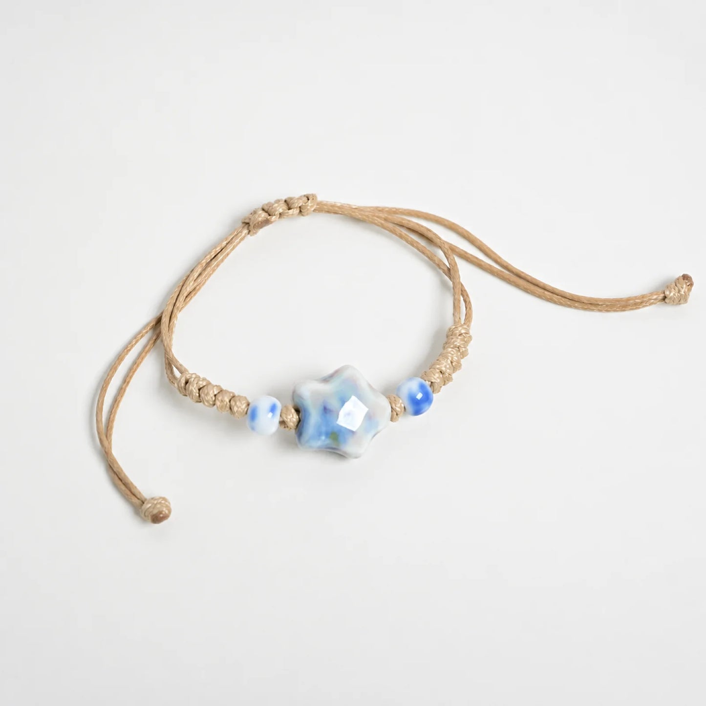 Handmade Blue & Green Star Ceramic Bead Bracelet – Adjustable Woven Wax Cord Artisan Jewelry