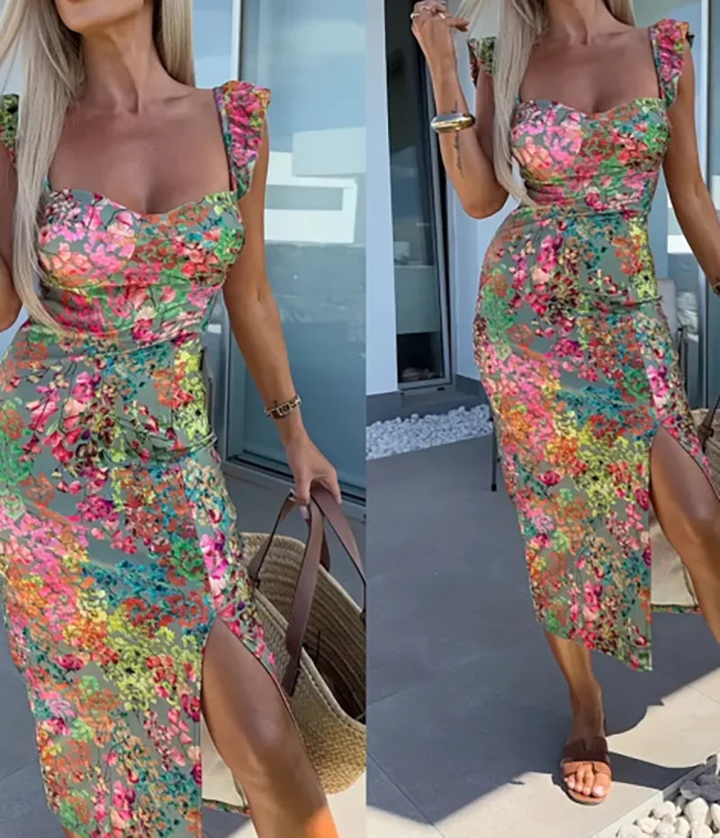 Women's Floral Print Ruffle Sleeve Sundress - Spaghetti Strap Summer Midi Dress