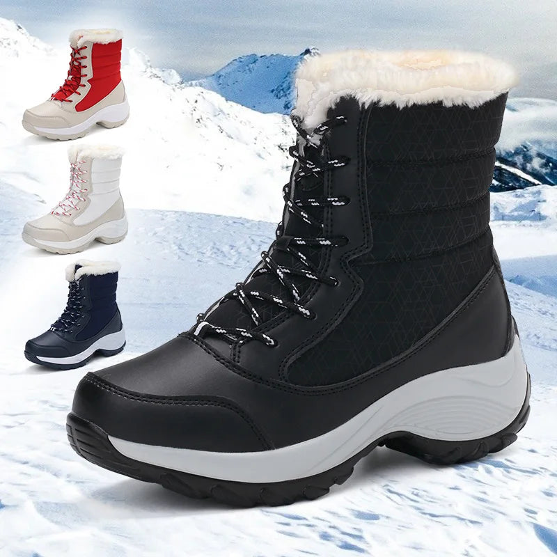 Winter ankle boots for women, waterproof, non-slip, chunky platform, and warm lining.