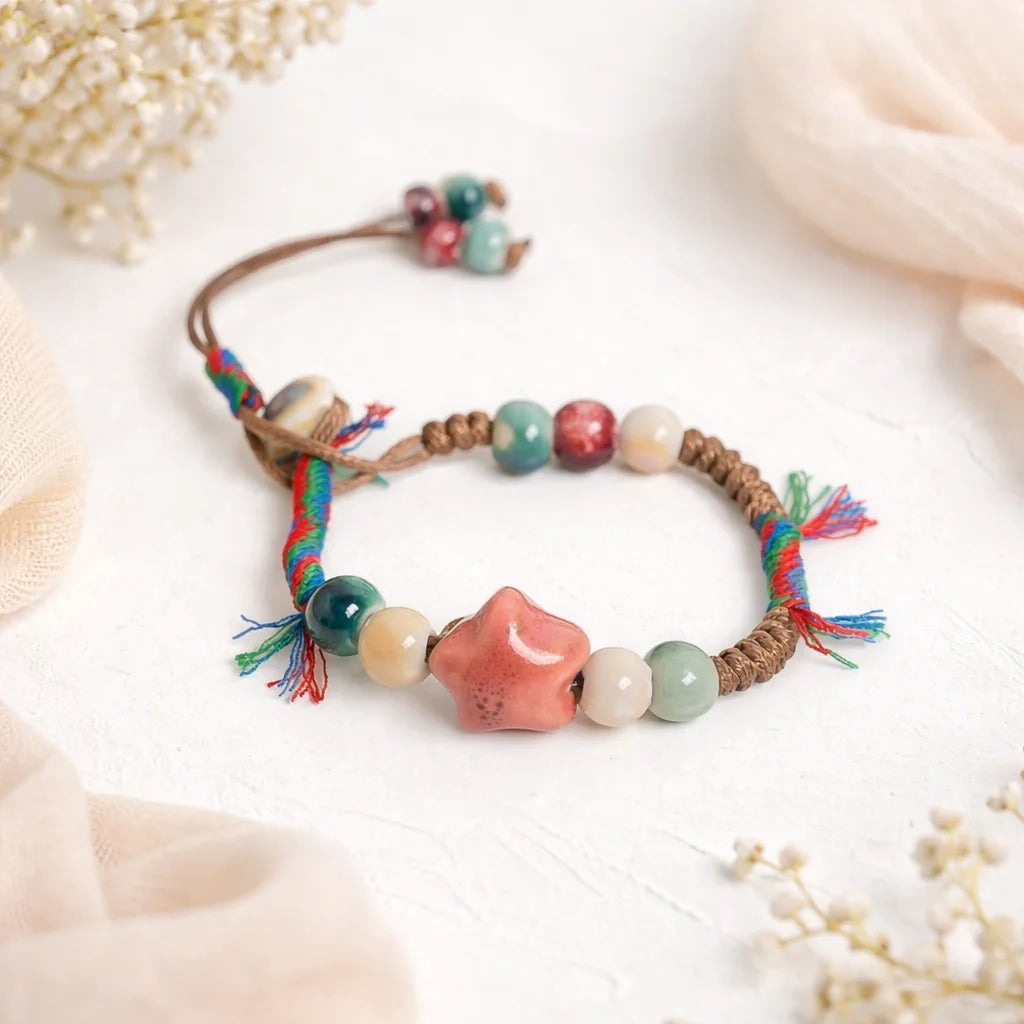 Handmade Ceramic Bead Bracelet – Adjustable Wax Cord Star Charm Multicolor Jewelry