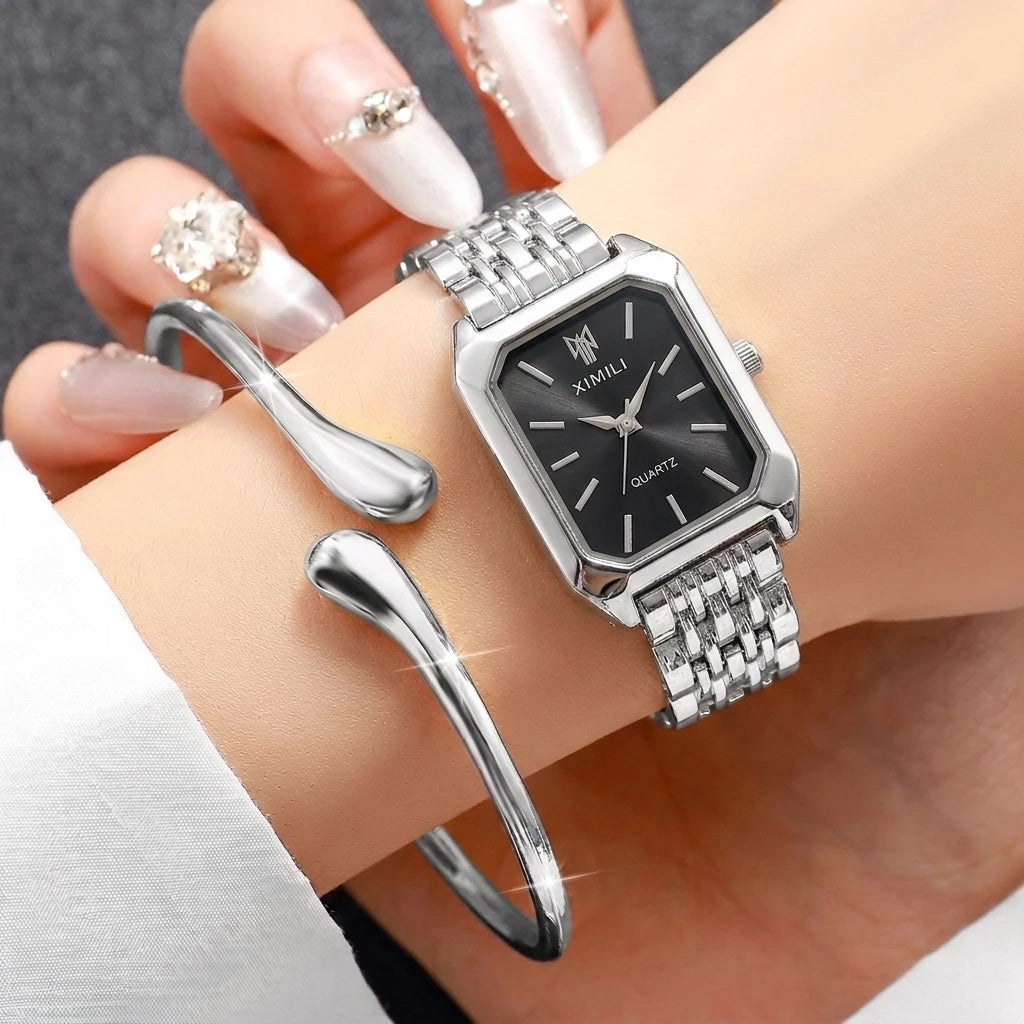 Fashion Rectangle Women's Quartz Watch & Jewelry Set – 6PCS Steel Band Wristwatch