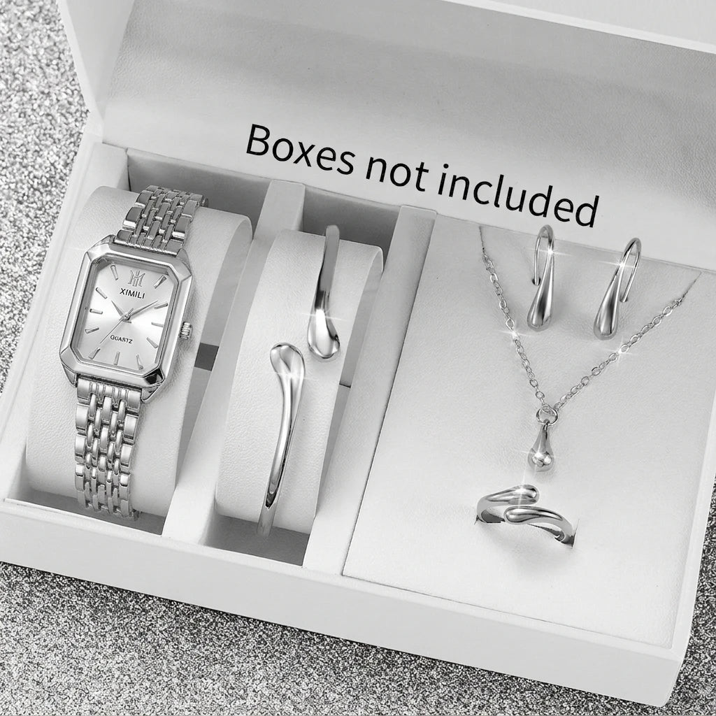 Fashion Rectangle Women's Quartz Watch & Jewelry Set – 6PCS Steel Band Wristwatch