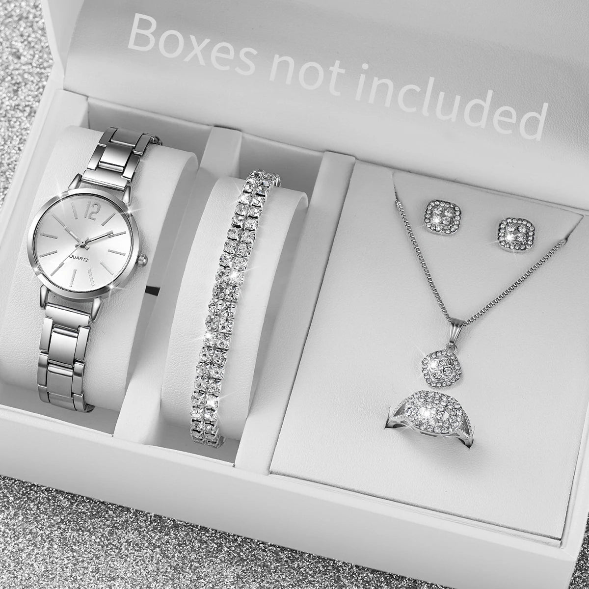 Women's Stainless Steel Quartz Watch & Diamond Jewelry Set – 6PCS Fashion Wristwatch