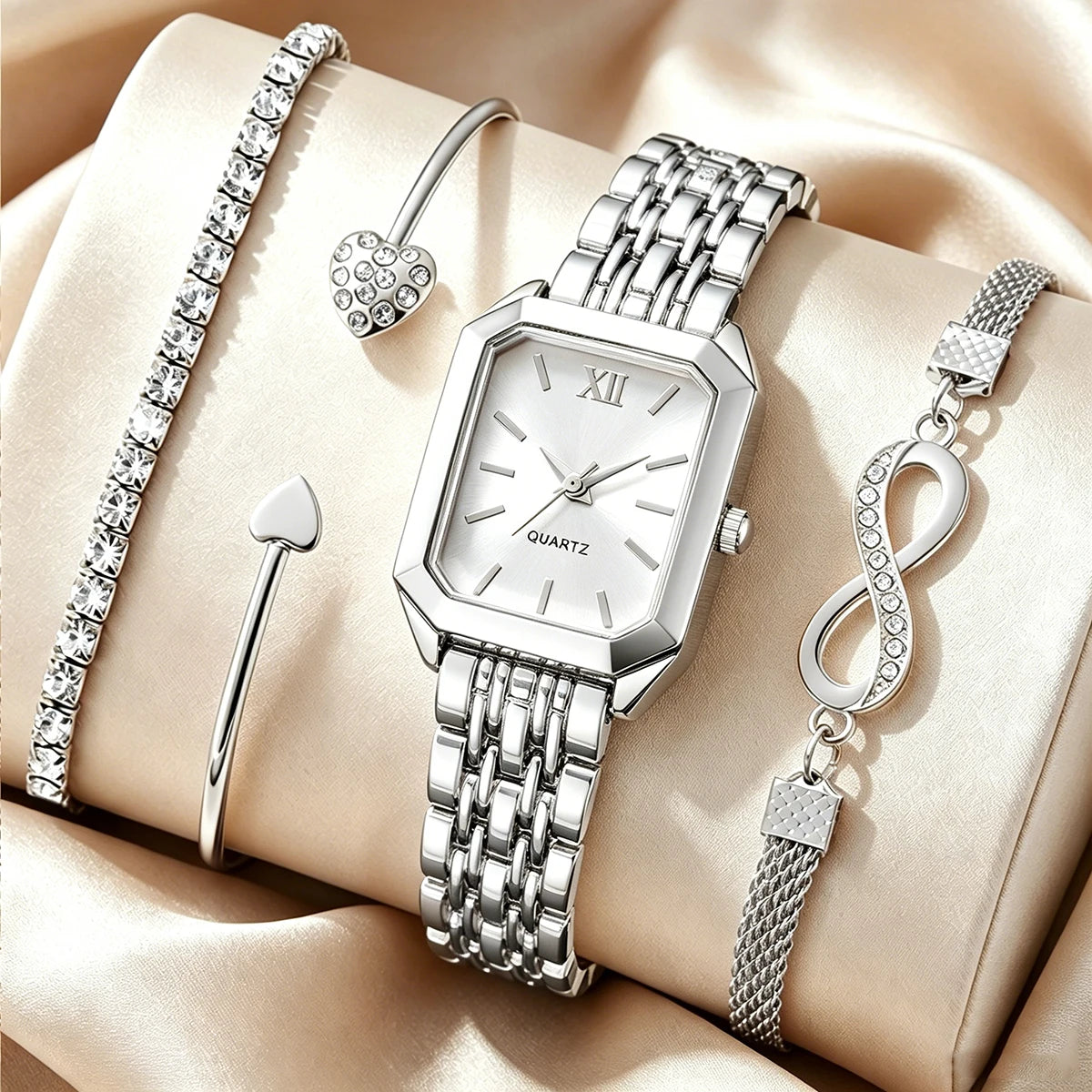 Elegant Rectangle Women's Quartz Watch & Rhinestone Bracelet Bangle Set – 4PCS Ladies Wristwatch