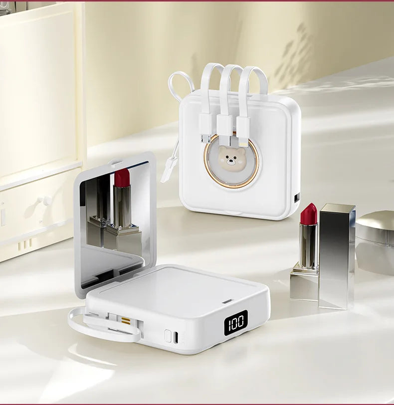 Mini Power Bank 20000mAh Portable Charger with Built-in 4 Cables Makeup Mirror Cute Pet Cartoon External Battery