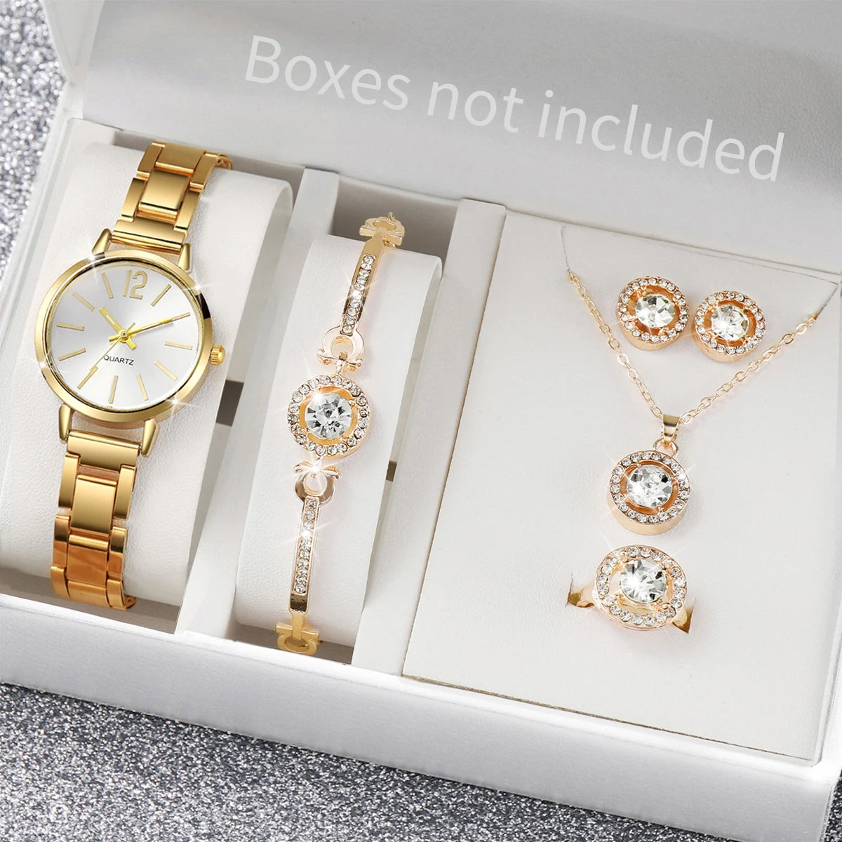 Women's Stainless Steel Quartz Watch & Diamond Jewelry Set – 6PCS Fashion Wristwatch