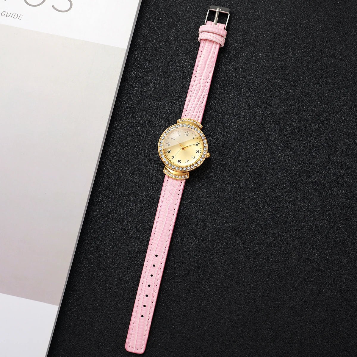 Fashion Rhinestone Women's Quartz Watch – Pink Leather Strap Ladies Wristwatch