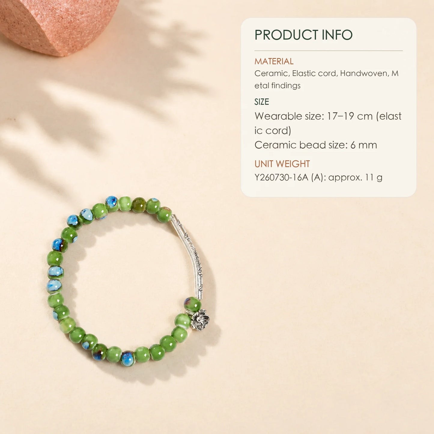 Handmade Green Ceramic Flower Bead Bracelet – Braided Elastic Cord Artisan Jewelry