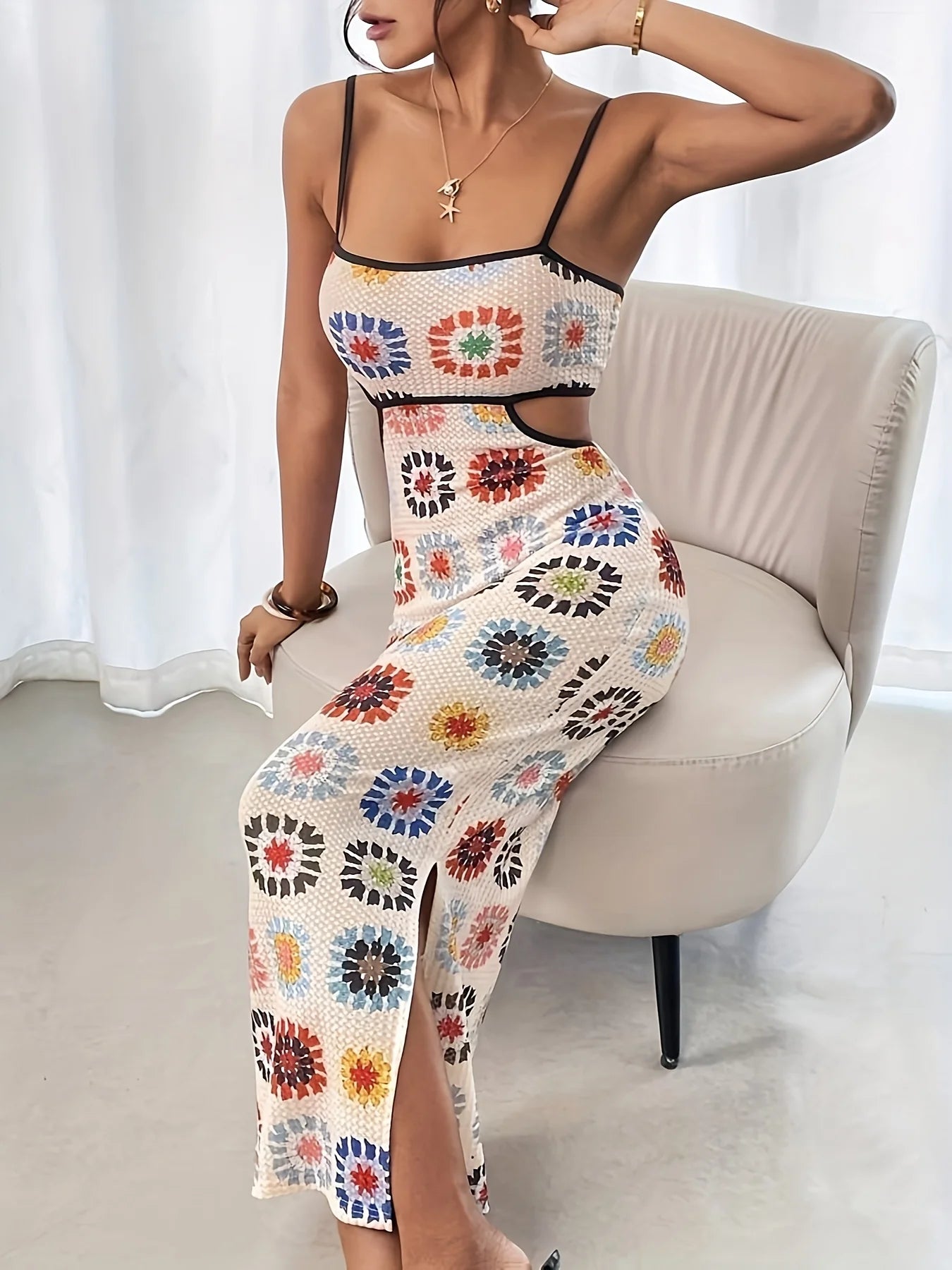 Women's Backless Floral Print Midi Dress - Sleeveless Bodycon Style