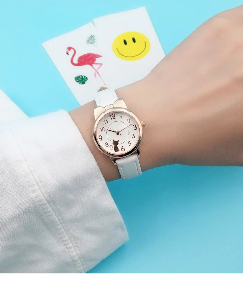 Kids' Cute Cat Cartoon Watch for Girls – Waterproof Quartz