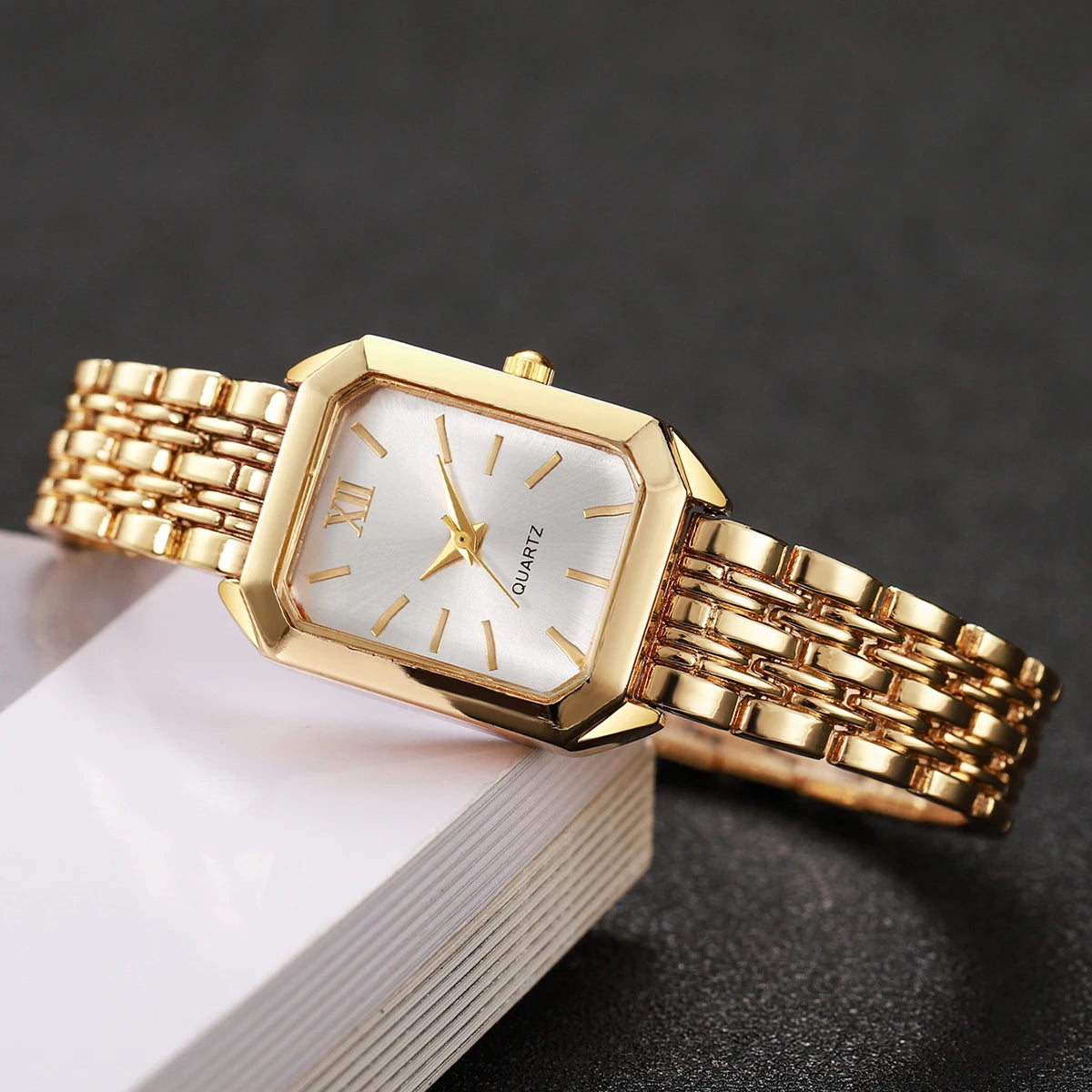 Elegant Rectangle Women's Quartz Watch & Rhinestone Bracelet Bangle Set – 4PCS Ladies Wristwatch