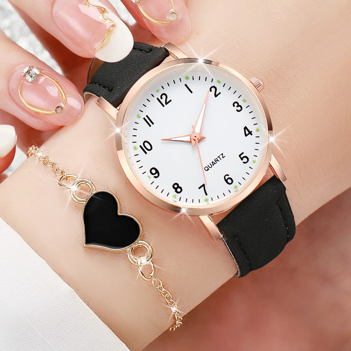 Fashion Women's Leather Quartz Watch & Heart Bracelet Set – 4/6PCS Arabic Dial Wristwatch