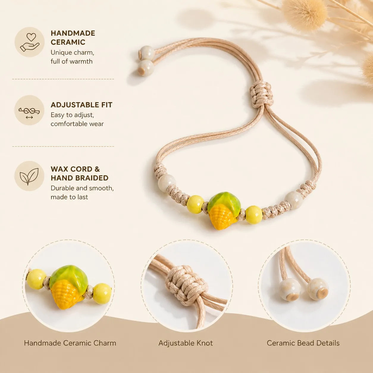 Handmade Ceramic Corn Charm Bracelet – Adjustable Wax Cord Boho Jewelry Gift for Women