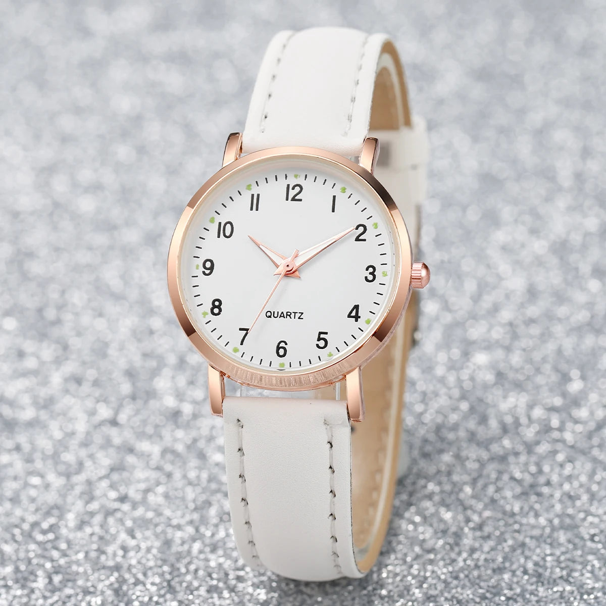 Fashion Women's Leather Quartz Watch & Heart Bracelet Set – 4/6PCS Arabic Dial Wristwatch
