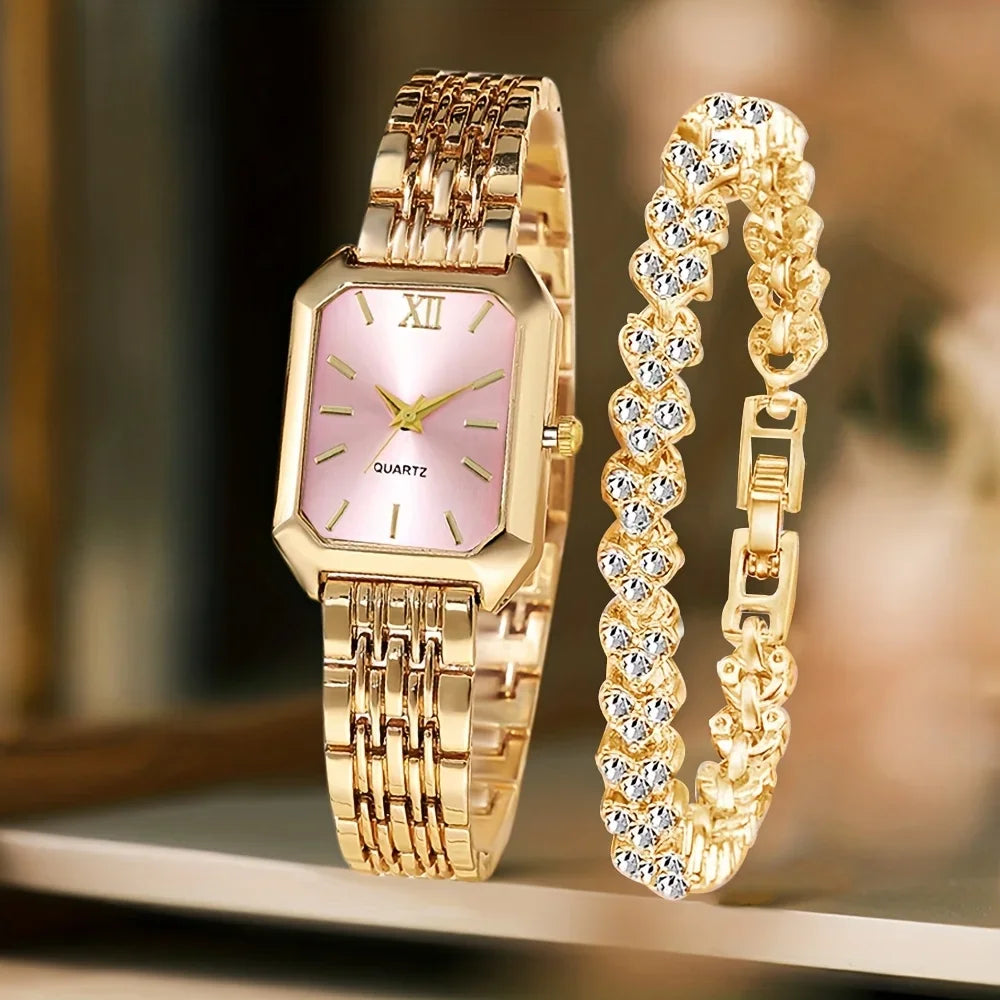 Fashion Rectangle Women's Quartz Watch & Rhinestone Bracelet Set – 2PCS Roma Dial Wristwatch