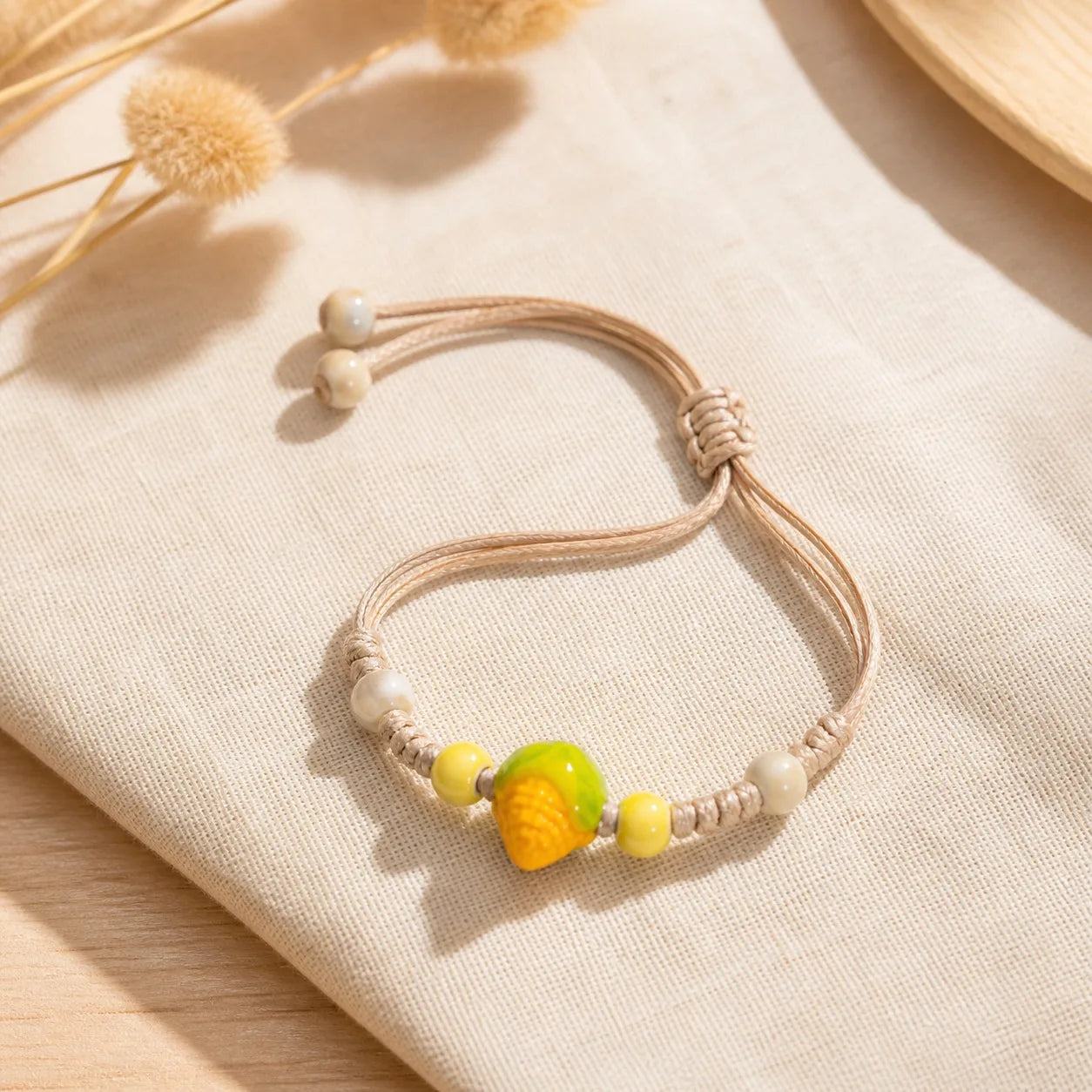 Handmade Ceramic Corn Charm Bracelet – Adjustable Wax Cord Boho Jewelry Gift for Women