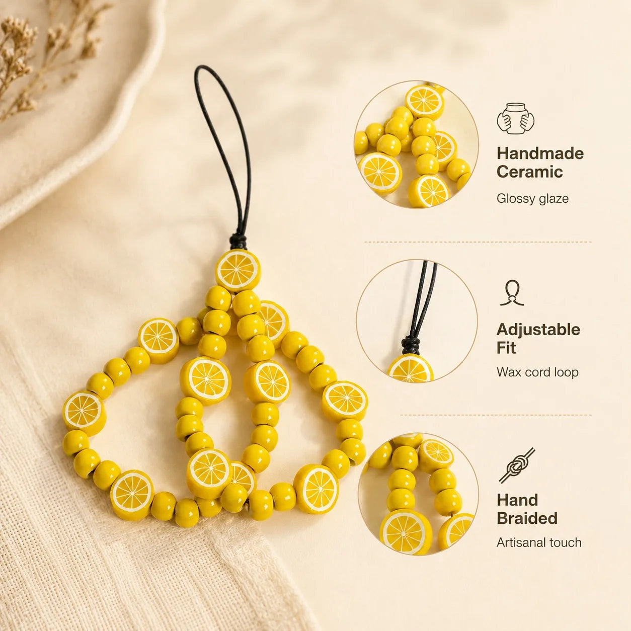 Handmade Fresh Lemon Ceramic Phone Charm – Braided Wax Cord Gift Accessory