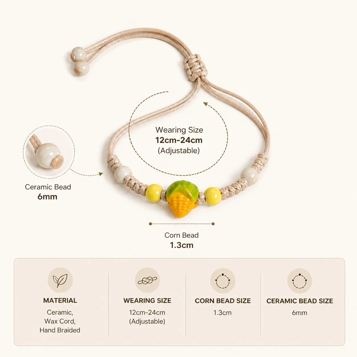 Handmade Ceramic Corn Charm Bracelet – Adjustable Wax Cord Boho Jewelry Gift for Women