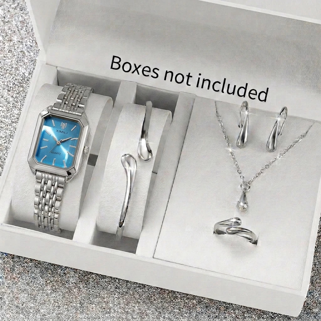 Fashion Rectangle Women's Quartz Watch & Jewelry Set – 6PCS Steel Band Wristwatch