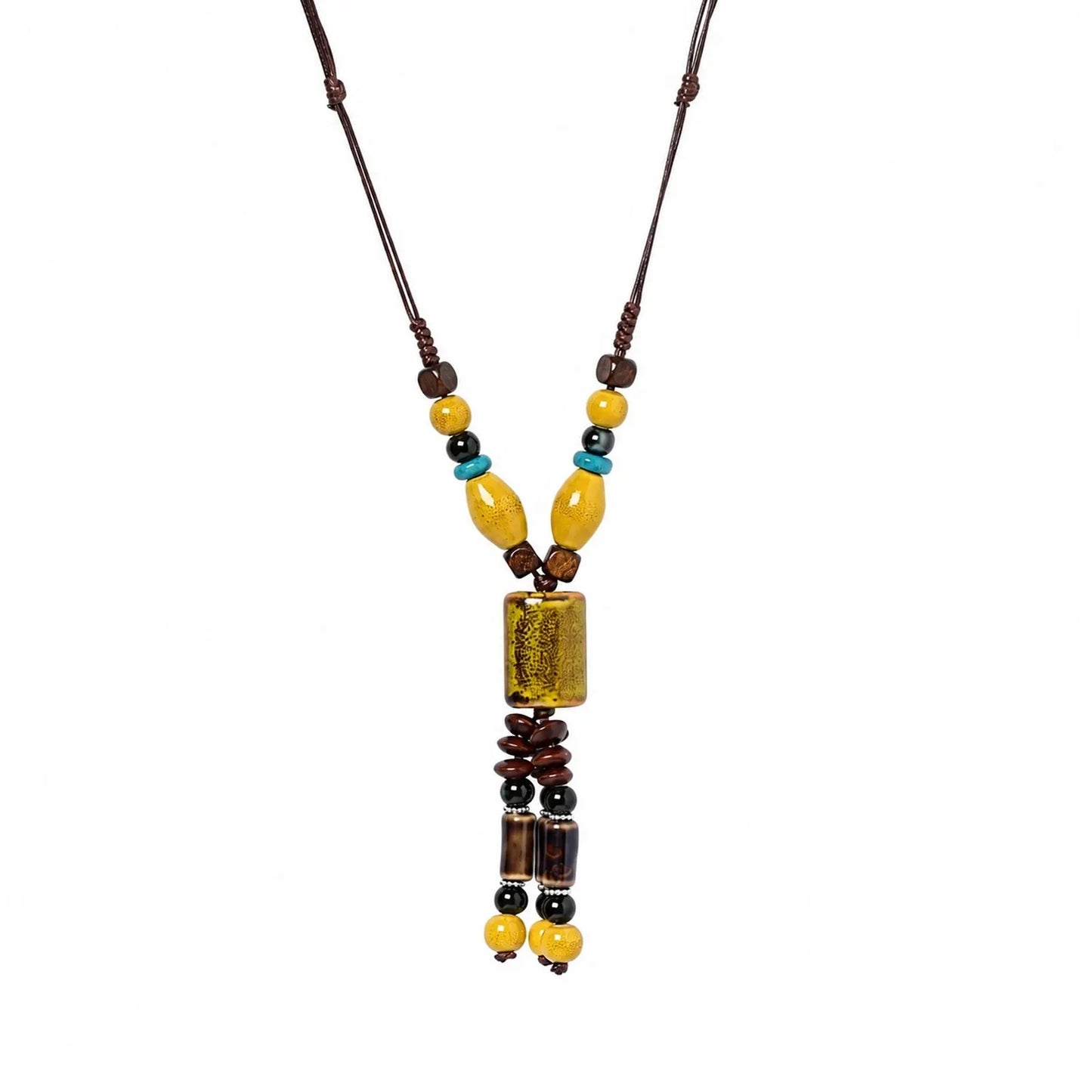 Handmade Ceramic Beaded Pendant Necklace – Adjustable Wax Cord Artisan Jewelry Gift for Women