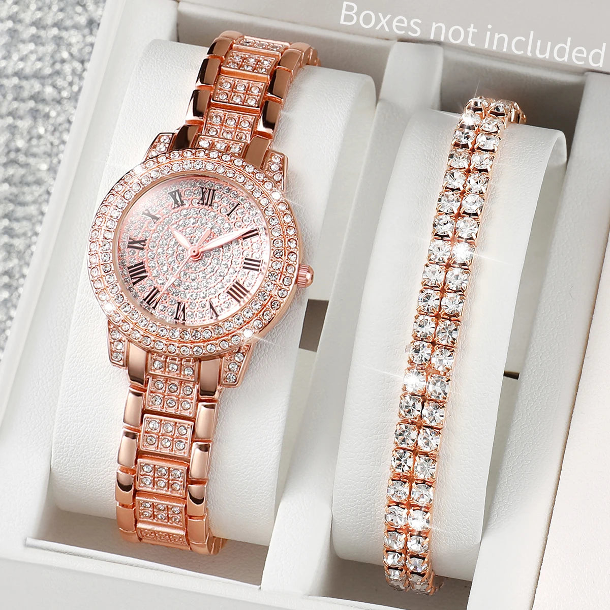 Luxury Full Diamond Women's Quartz Watch & Bracelet Set – 2PCS Gold Steel Band Wristwatch