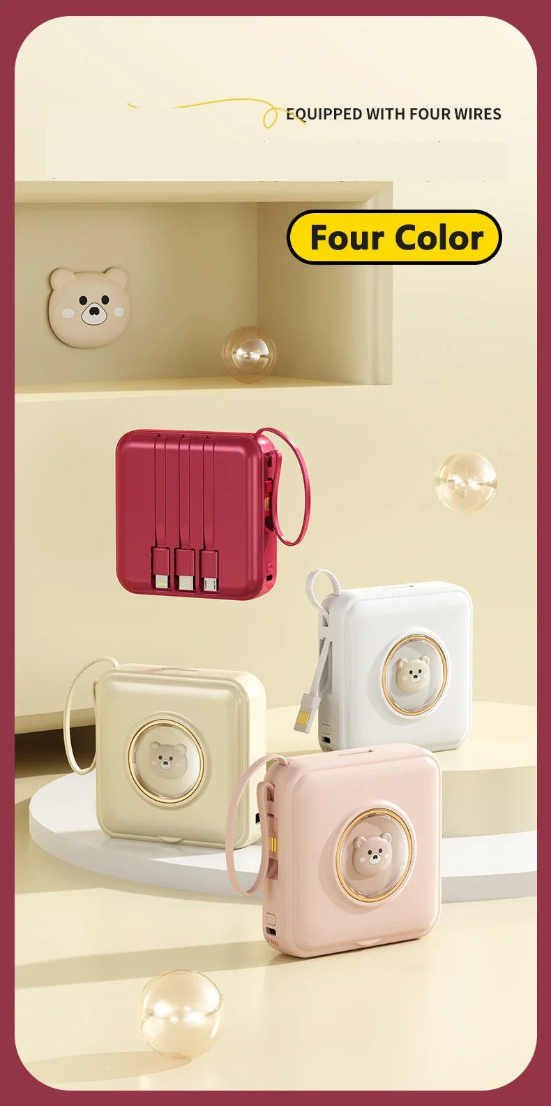 Mini Power Bank 20000mAh Portable Charger with Built-in 4 Cables Makeup Mirror Cute Pet Cartoon External Battery