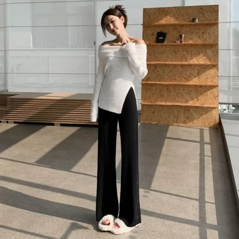 Split knitted wide leg pants for women in autumn and winter, loose fitting, high waisted, draped, casual and comfortable pants