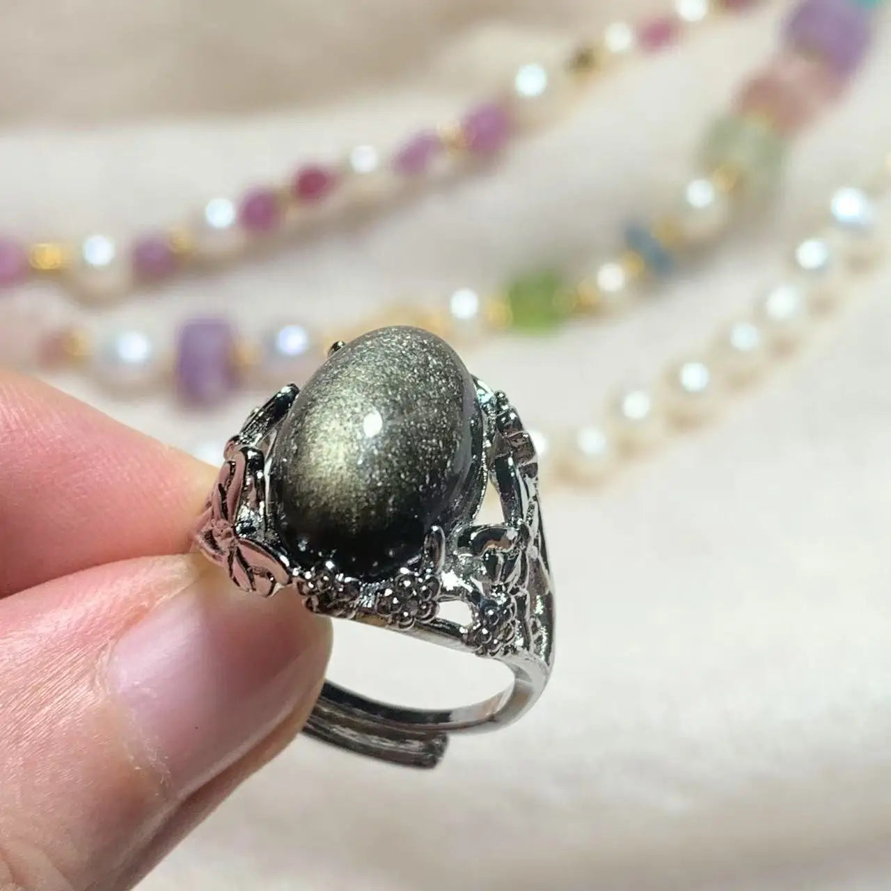Natural Obsidian Adjustable Ring – Vintage Gemstone Ring for Women