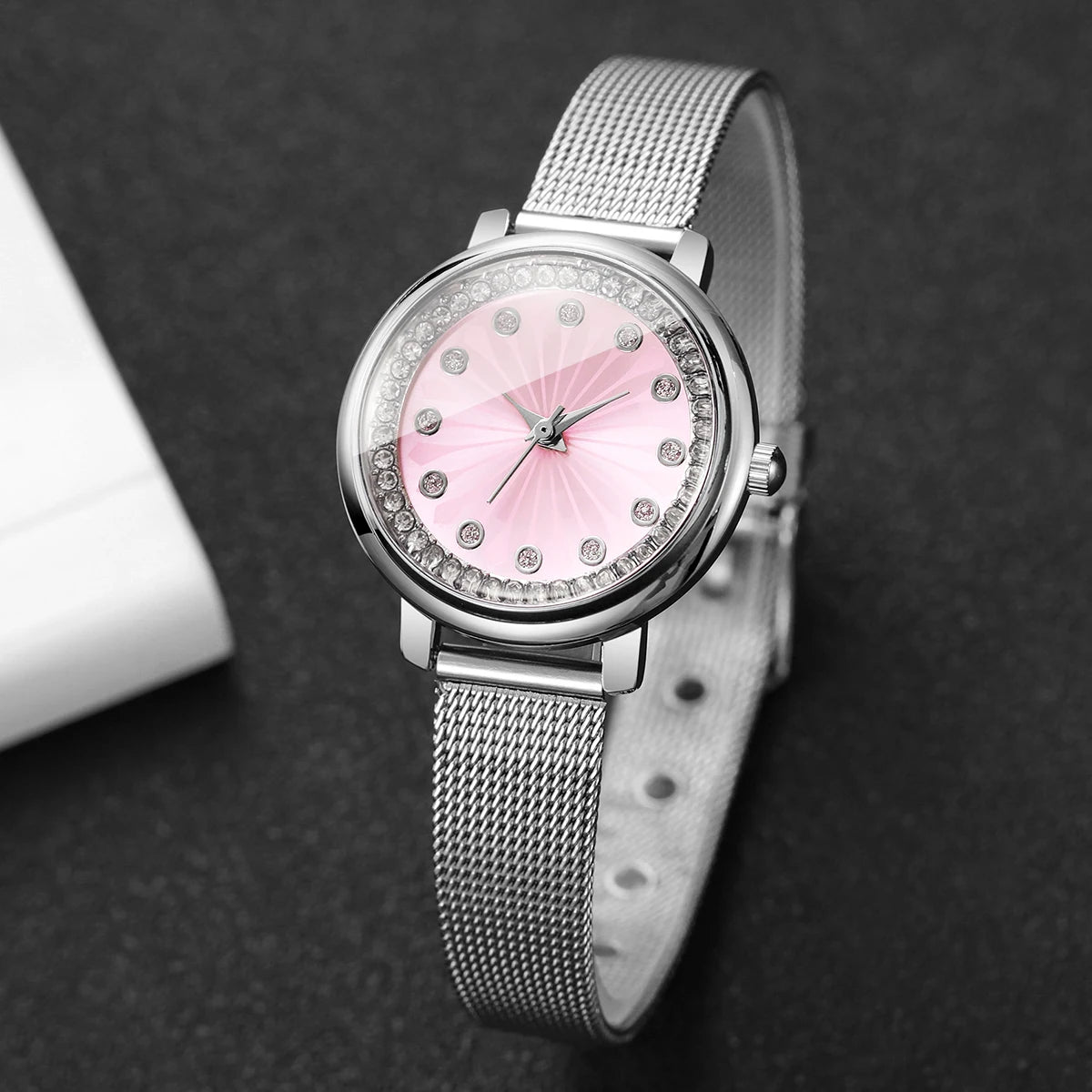 Elegant Women's Rhinestone Quartz Watch – Silver Mesh Strap Dress Wristwatch